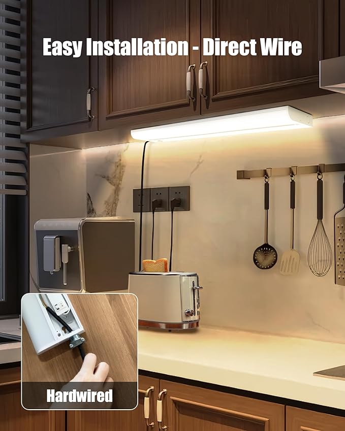 16 Inch Hardwired Under Cabinet Lighting, 3 Color Setting Dimmable LED Under Cabinet Lights Wired, 1050LM Linkable Under Counter Lights for Kitchen, 12W, CRI>97