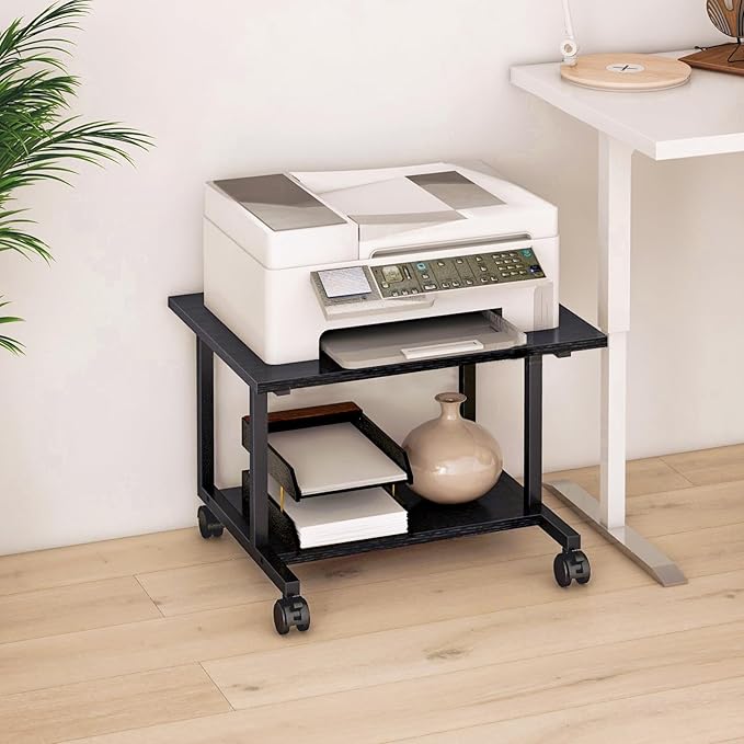 Livofloral Under Desk Printer Stand, 20.5 x 15.7 Inches Cart With Wheels, 2 Tier Mobile Table for Home Office, Large Stand With Storage for Mini Fridge, Black