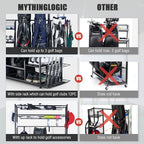 Mythinglogic Golf Bag Storage Garage Organizer,2 Golf Bags Storage Stand and Golfing Equipment Accessories Storage Rack with 4 Removable Hooks, Extra Golf Clubs Display Rack