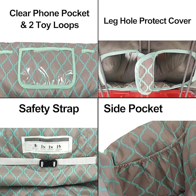 Love&go Soft Pillow Attached 2-in-1 Shopping Cart and High Chair Cover for Baby, Cotton Padded Cart Cover, Fold'n Roll Style, Portable with Carry Bag (Gray Grid)