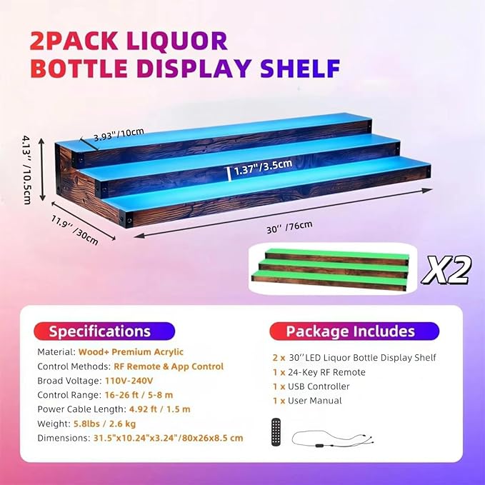 2Pack 3 Tier LED Lighted Liquor Bottle Display Shelf - 60" Total Length,RGB Countertop Bar Shelf with RF & App Control,7 Static Colors Music Sync,Timer,Lighted Bottle Shelf for Home &Commercial Use