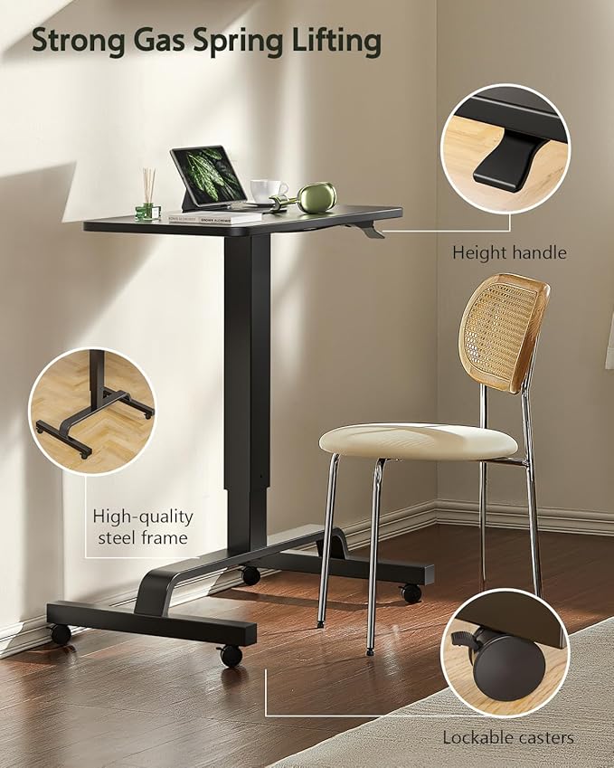 Height Adjustable Mobile Standing Desk with 360° Swivel Casters, 29"-45" Pneumatic Rolling Desk on Wheels, Perfect for Home Office, Bedroom, Living Room, Black