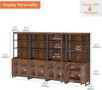 WAMPAT 4 PCS Modern 72" Tall Bookcases with Glass Doors and Adjustable Shelves, Library Book Shelf with Storage Cabinet and Open Book Shelfs, Wood Bookshelves for Home Office, Living Room, Brown