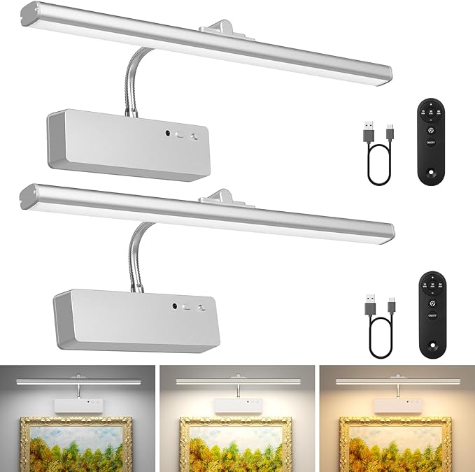 Lightbiz Picture Light 2 Pcs, 15.35inch 5400mAh Rechargeable Picture Lights for Wall Battery Operated Wall Lights with Remote, 3 Colors Paintings Light Dimmable Art Light for Artwork, Gallery (Silver)