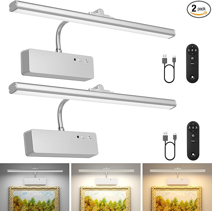Lightbiz Picture Light 2 Pcs, 15.35inch 5400mAh Rechargeable Picture Lights for Wall Battery Operated Wall Lights with Remote, 3 Colors Paintings Light Dimmable Art Light for Artwork, Gallery (Silver)