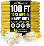 100ft Outdoor/Indoor Extension Cord 3-Outlet 12/3 Gauge Extra Heavy Duty ETL Listed, 3 Prong SJTW, Waterproof, Flexible Cold-Resistant Long Power Cord,15A 125V 1875W, Yellow by LifeSupplyUSA