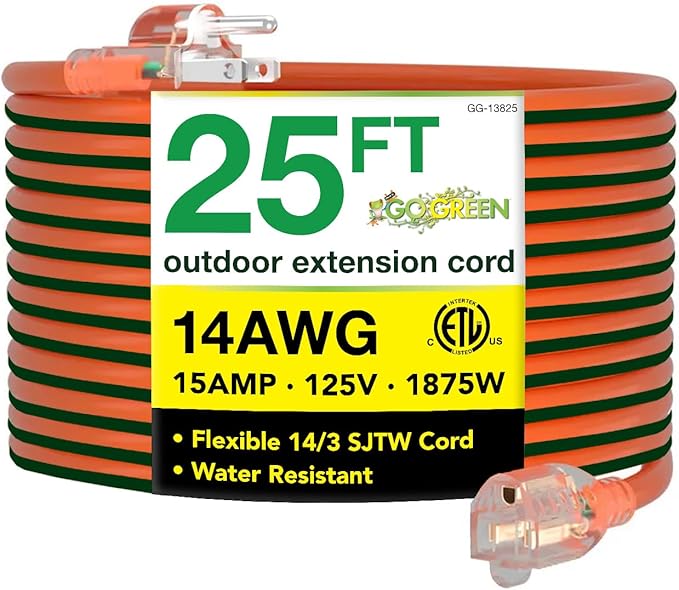Go Green Power Inc. (GG-13825) 14/3 SJTW Outdoor Extension Cord, Lighted Extension Cord, 25 ft