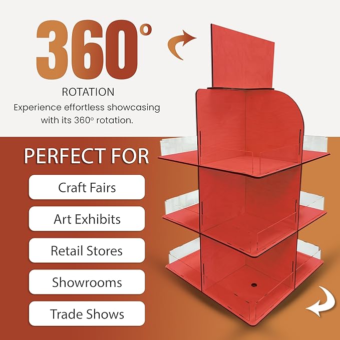 Versatile 4-Sided Rotating Display Stand for Candy, Snacks, Jams, Produce and More - Ideal for Craft Shows, Farmers Markets, and Retail Stores - 12 Shelves, Heavy-Duty Design, Easy Setup (Red)