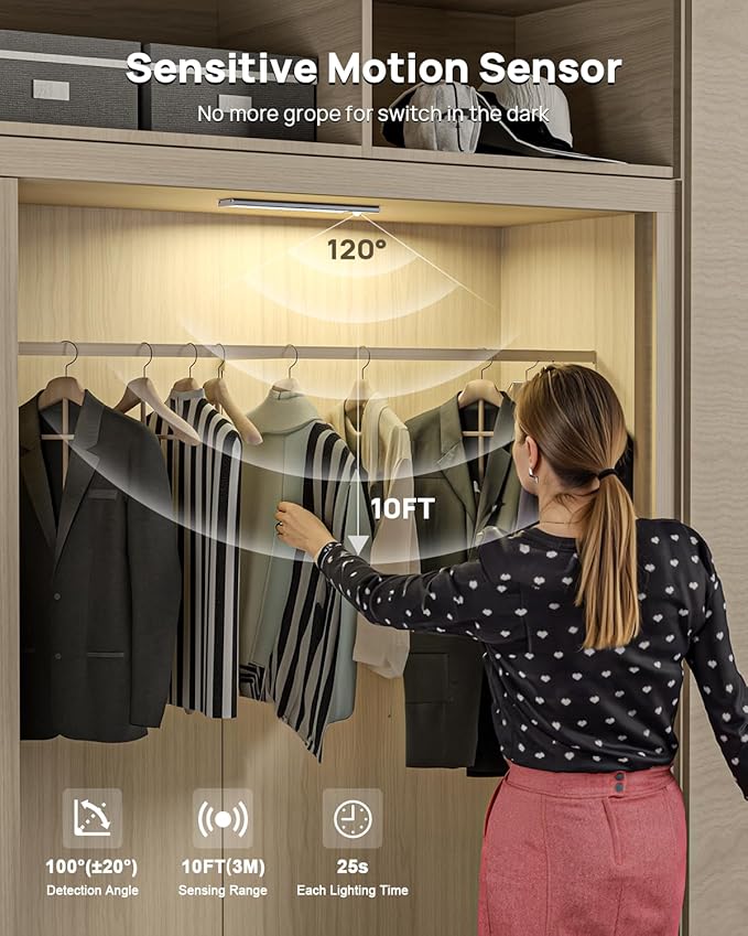 Under Cabinet Lights Wireless,Motion Sensor Light Indoor Closet Lights with Remote Control,3 Color Temps,LED Rechargeable Battery Operated,Under Counter Lights for Kitchen,Wardrobe,Pantry,Bedroom