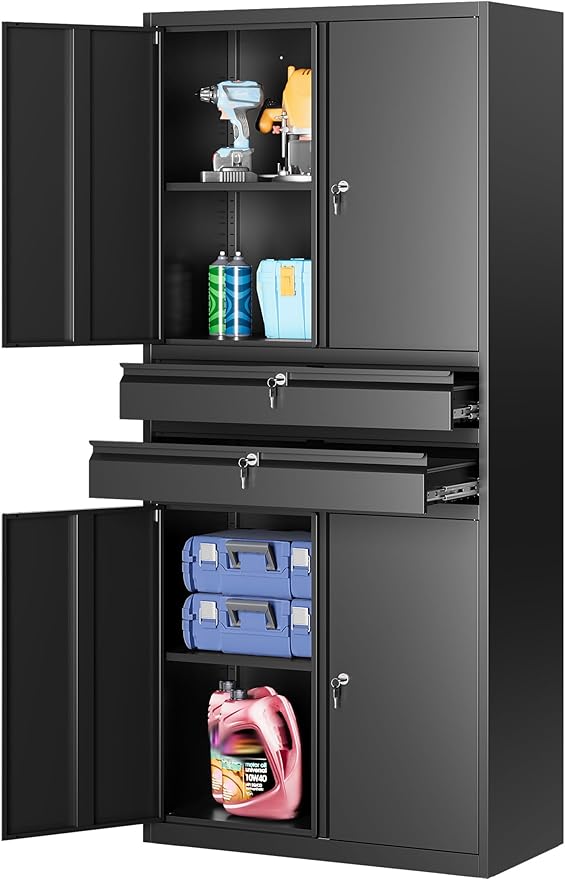 SISESOL Metal Storage Cabinet with Drawer and Locks,Black Garage Storage Cabinet with Locking Doors and Adjustable Shelves,71" Tall Large Metal Cabinets with Magnetic Door for Home,Office,Garage