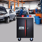 Double-Door Heavy-Duty Rolling Steel Tool Cart with Handle&Wheels, Metal Storage Organizer Cabinet, Tool Chest for Efficient Tool Storage in Garage, Warehouse, Workshop, Repair Shop, Black&RED