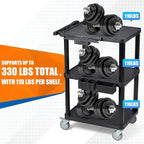 ELAFROS Heavy Duty 3-Tier AV Cart with Power Strip, 27.5 x 18.25 Inch, Industrial Plastic, 330 lbs Capacity, Flat Top Shelves with Swivel Wheels – Multipurpose Rolling cart