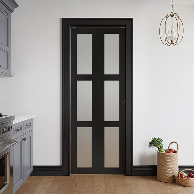 Bifold Doors for 30" x 80" Opening, 3-lite Tempered Frosted Glass Closet Folding Doors with Hardware kit Included, Easy Assembly, Black