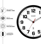 Sharp Atomic Analog Wall Clock - 12" Black Stylish Frame - Sets Automatically- Battery Operated - Easy to Read - Easy to Use – Modern Design and Style