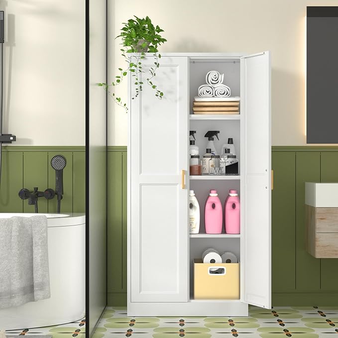 Kitchen Pantry Cabinet, 60 Inch Tall Pantry Storage Cabinet with Doors and Adjustable Shelves, Metal Storage Cabinet with Golden Handles for Dining, Living Room, Assembly Required, White