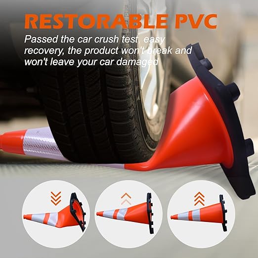 8 Pack 28 Inch Orange PVC Traffic Cones Black Base Stable Flexible, Road Safety Construction Zone Crowd Control Parking Safety Markers (8, Orange, 28 Inch)