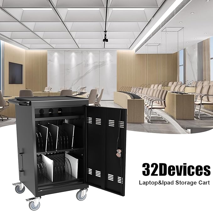 32 Devices Laptop Charging Cart, Tablet Storage Carts for Pad Up to 16.3" Screen Size, Classroom Computer Mobile Charging Station for Pads,Chromebooks,Laptops,Security Storage (Black)