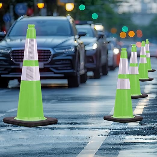 8 Pack 28 Inch Green PVC Traffic Cones Black Base Stable Flexible, Road Safety Construction Zone Crowd Control Safety Cones Outdoor Use (8, Green, 28 Inch)