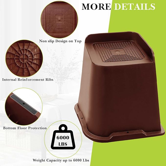 Bed Risers 1 inch, 2 inch, 3 inch, 4 inch, 6 inch, 8 inch Heavy Duty, Oversized Furniture Riser for Couch Sofa Table Chair Leg Frame Dorm, Support up to 6000 Lbs (Chocolat Brown 6 Pack, 5 inch)