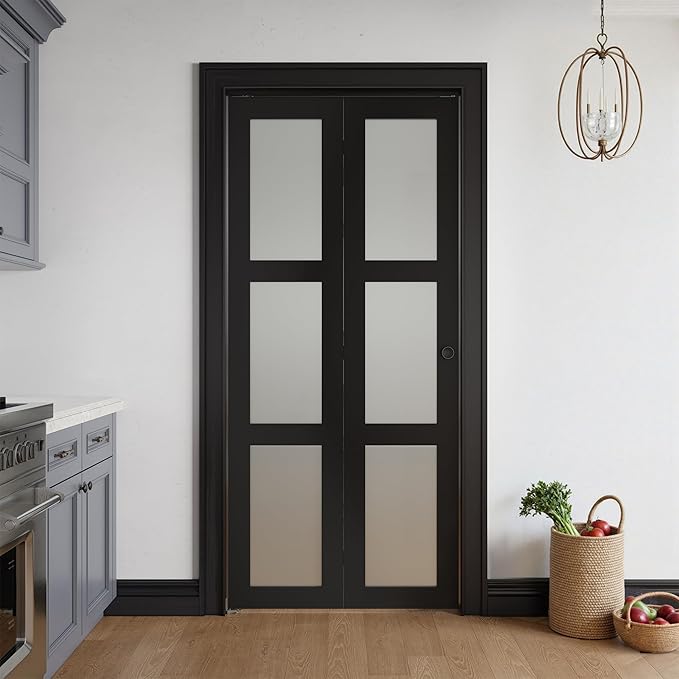 Bifold Doors for 36" x 80" Opening, 3-lite Tempered Frosted Glass Closet Folding Doors with Hardware kit Included, Easy Assembly, Black