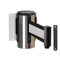 Montour Line WM115 Wall Mounted Retractable Belt Barrier with Standard Belt End, Fixed Mount, Polished Stainless Steel Casing (13 ft Black with White Horizontal Stripe Belt)