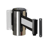 Montour Line WM115 Wall Mounted Retractable Belt Barrier with Standard Belt End, Fixed Mount, Polished Stainless Steel Casing (13 ft Black with White Horizontal Stripe Belt)