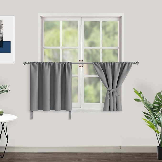 JIUZHEN Short Curtains Half Window Curtains for Bedroom - Cafe Room Darkening Privacy Energy Saving Curtain Tiers for Bathroom, Wide 34 x Long 24 inches, Set of 2 Panels with Tiebacks, Light Grey
