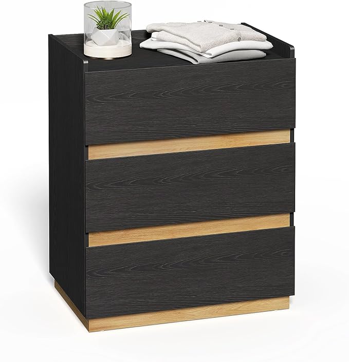 Large Modern Nightstand Black Bedside Table, 3 Drawer Dresser Wood Stackable Storage Drawers for Clothes for Closet, Bedroom, 24"x16"x29"