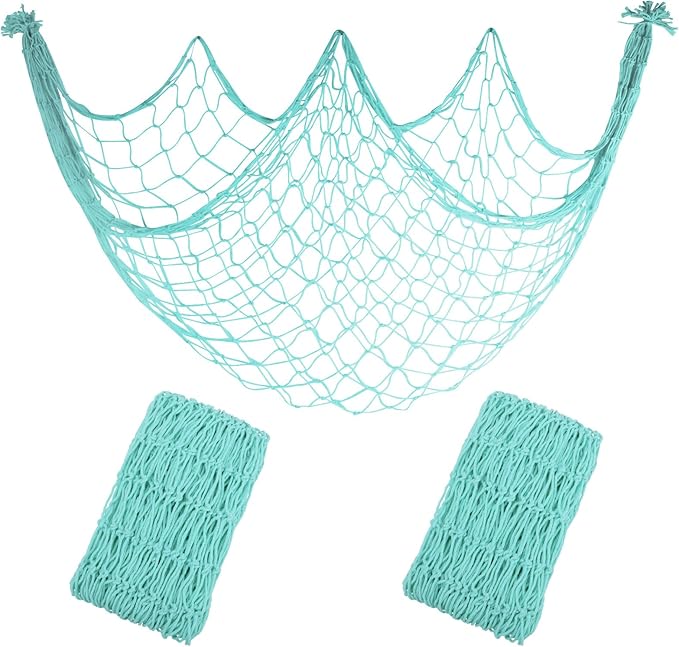 2 Pack Decoractive Fishing Net 80x40 Inch, 3mm Thickness Light Blue Natural Cotton Large Picture Wall Hanging Fish Net, Party Decorations Fishnet for Nautical Pirate Beach Mermaid Themed Party