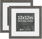 VCK 12x12 Picture Frame 2 Pack - Grey, High-End Wood Poster Frames with Tempered Glass, Display 8x8 Photo with Mat or 12x12 without Mat, Art Gallery-Quality, Wall Hanging, Grey