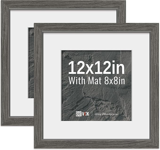 VCK 12x12 Picture Frame 2 Pack - Grey, High-End Wood Poster Frames with Tempered Glass, Display 8x8 Photo with Mat or 12x12 without Mat, Art Gallery-Quality, Wall Hanging, Grey