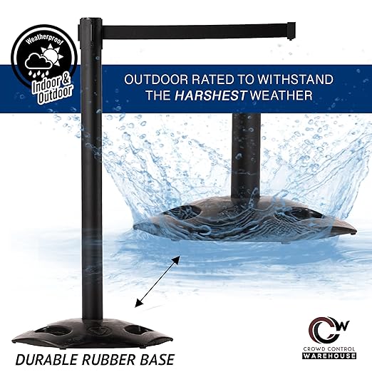 CCW Series WBB-200 Set of 2 Outdoor Safety Rubber Base Stanchion Retractable Belt Barriers - Easy to Assemble, No Tools Required (11 Foot Belt, Black and Yellow Diagonal Belt with Yellow Post)