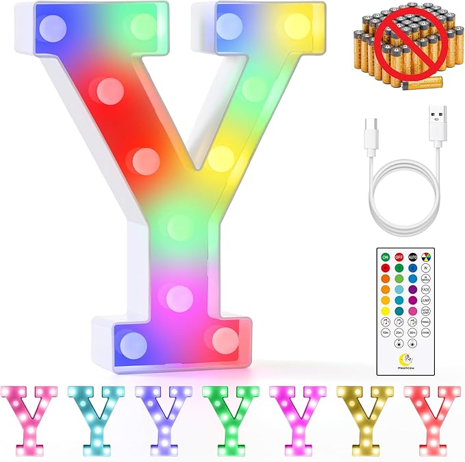 mooncow Rechargeable Light Up Letters,Colorful Marquee Letters with Remote,Gift Wrap Gifts,Bedroom Home Bar Party Decor (Y)