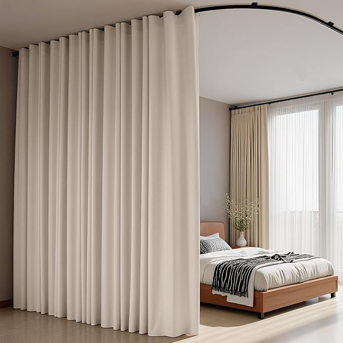 Room Divider Curtains Flexible Ceiling Tracks Set Curtain Track Ceiling Mount Blackout Curtain for Living Room Bedroom Ceiling Curtain Rod Privacy Dividers Panels W150 x H108 Beige Drape & Black Rail