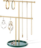 Gold Jewelry Holder Stand with Ceramic Tray: Small Hanging Necklace Organizer Tree for Earrings, Bracelets, Rings – Jewelry Display Hanger for Women & Girls, Green