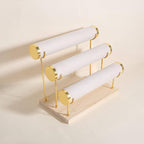 GemeShou Velvet Bangle storage oragenizer for selling, Beige bracelet storage rack for boutique store, Velvet wrap watch holder with wooden base for women girls【Bracelet holder-three tiers】