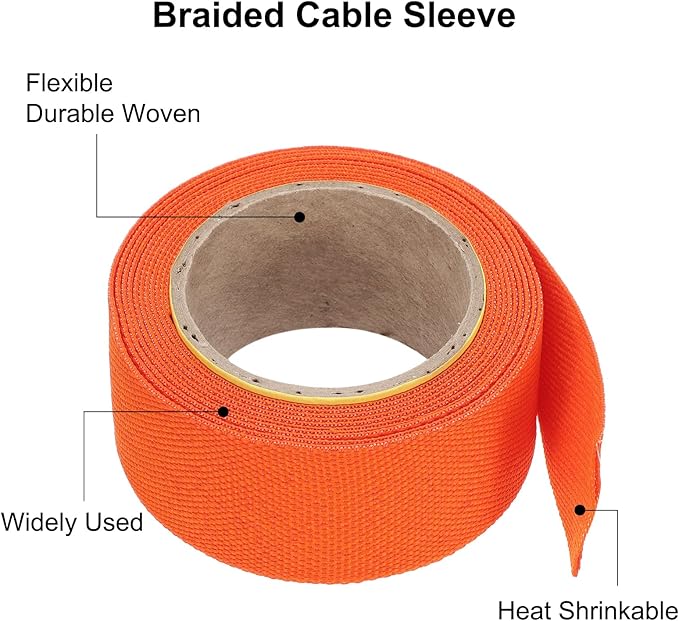MECCANIXITY Braided Cable Sleeves Heat Shrinkable Fabric Sleeving, 1" 10ft Orange 2:1 Ratio Heat Shrinkable Cord Protector for Harness Cable, Network Cable Protection, Cable Management