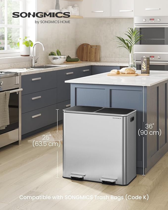 SONGMICS Trash Can, 2 x 10.6 Gallon (2 x 40 L) Garbage Can for Kitchen, with 15 Trash Bags, 2 Compartments, Plastic Inner Buckets and Hinged Lids, Airtight, Silver and Black ULTB730E80