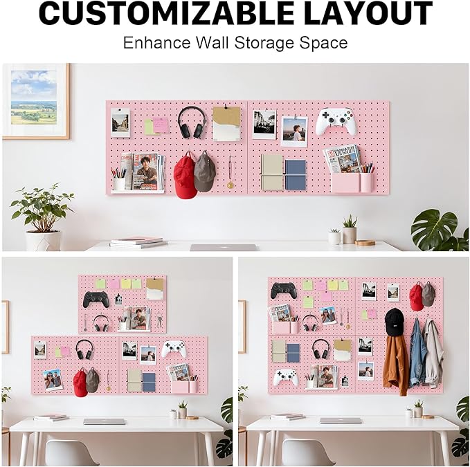 Peg Board, 3 Pack Metal Pegboard Panels Pink Pegboards Wall Organizer with Frame Large Heavy Duty Peg Board with Hooks for Walls Home, Garage Tool Storage, Office, Craft Room, Kitchen 24”×16”