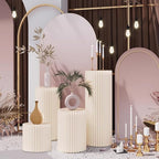 4Pack Cylinder Stands for Party, Foldable Cardboard Columns with 4 Clear Round Top Plates, Cake Display Pedestal Stand for Wedding Banquet Vendor Events Decorative
