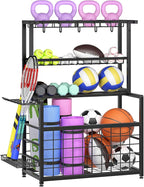 HOOBRO Sports Equipment Garage Organizer, Ball Storage Rack with Basket, Heavy Duty Ball Holder with Hooks, for Outdoor, Garage, Club, Basement, Black BK80JJ01