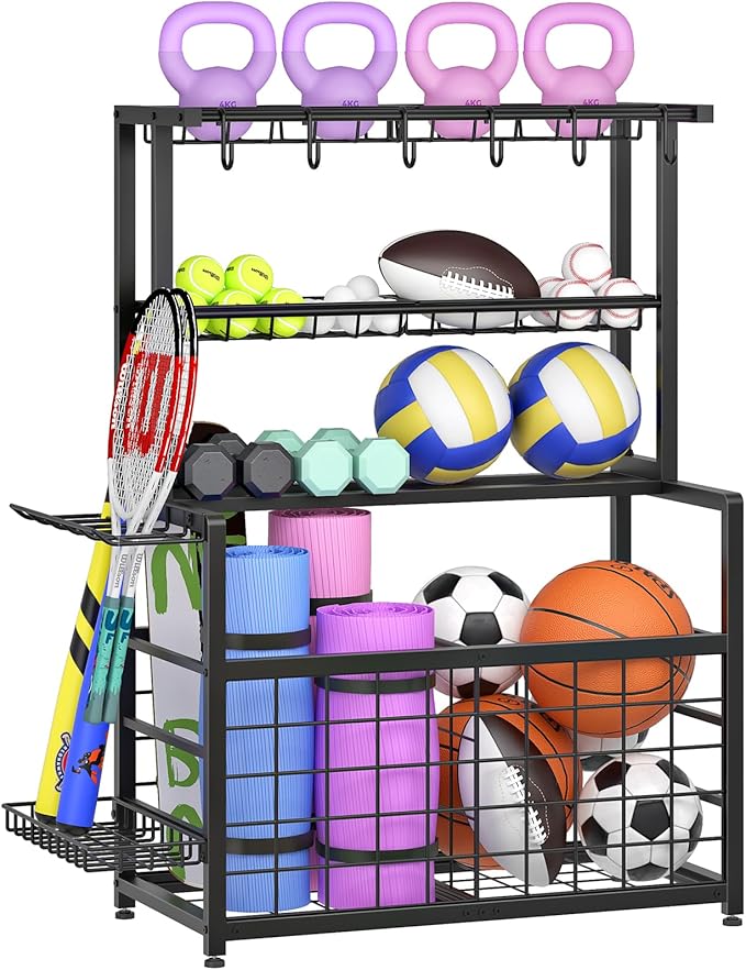 HOOBRO Sports Equipment Garage Organizer, Ball Storage Rack with Basket, Heavy Duty Ball Holder with Hooks, for Outdoor, Garage, Club, Basement, Black BK80JJ01