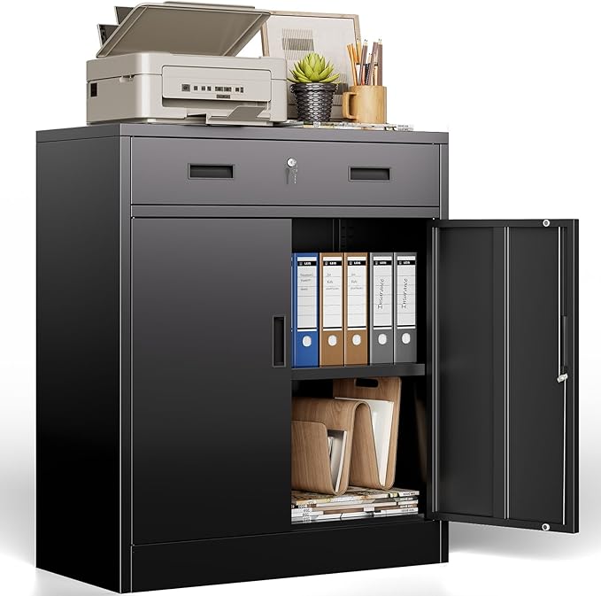 BESFUR Metal Storage Cabinet with Lockable Drawer and 2 Lockable Doors, 36"H Black Metal Cabinet with Adjustable Shelf, Locking Storage Cabinet for Home Office, Garage,School, Warehouse, Utility Room