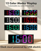 Alampan 12" Large Digital Wall Clock with Remote Control, USB Powered, Corded RGB LED Clock with Full Screen Display, Big Numbers, for Classroom, Living Room, Elderly, Wall Mounted, DST, KSJ-01, Black