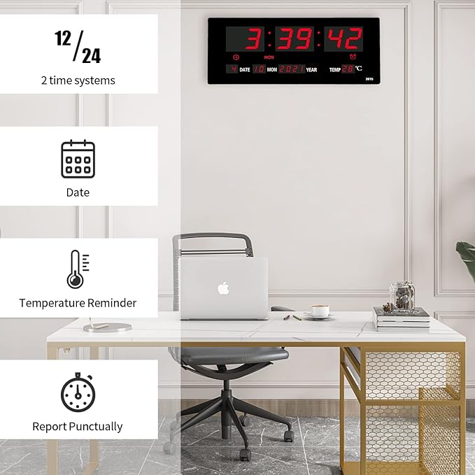 14.1 Inch Red Digital Wall Clock, Date/Day/Temperature Display, Energy Saving LEDs, Foldable Stand