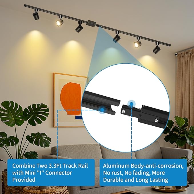 6-Light LED Track Lighting Kit with 6.6FT H Type Track Lighting Rail, Dimmable Track Lights Modern Kitchen Track Lighting Fixtures Ceiling Spot Light 2700K-5000K, CRI90+, 36° Beam 10W 800lm, Black