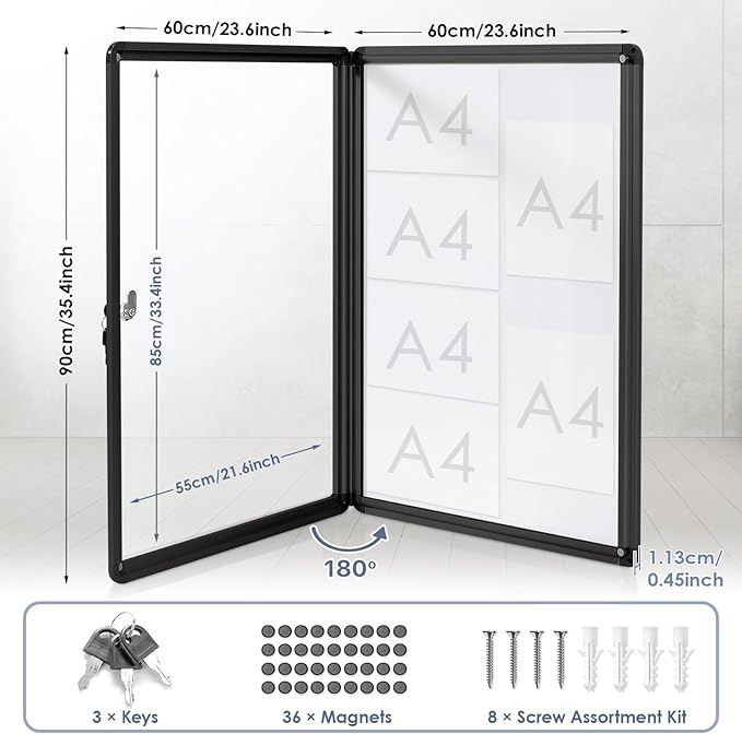 Enclosed Bulletin White Board 36x24 in, Lockable Wall Display Case for Office School Home Commercial, Tamperproof and Shatter Resistant, Black Aluminum Frame