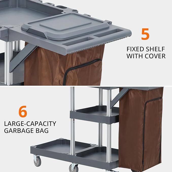 Heavy-Duty Cleaning Cart with Wheels & Shelves, 3-Tier Rolling Service Cart for Janitorial Supplies, 300 Lbs Capacity Mobile Utility Cart for Office & Housekeeping