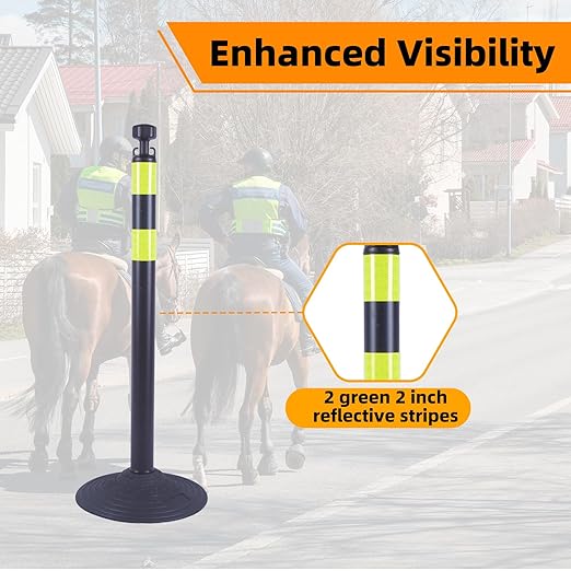 6 Pack 39 Inch Black Traffic Delineator Posts with 2 Green Reflective Stripes, Safety Posts Cones with 6.6 Feet Chains and 14 Inch Rubber Base for Road Safety,Parking Lot (Black)
