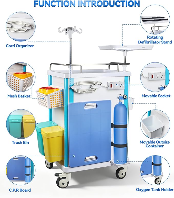 Medical Medical Rolling Crash Cart with CPR Board, IV Pole, O₂ Holder, 5 Drawers & Dividers, Mobile Emergency Cart for Hospital Clinic, 24.4" W x 18.5" D x 36.2" H (with 5 Drawers)